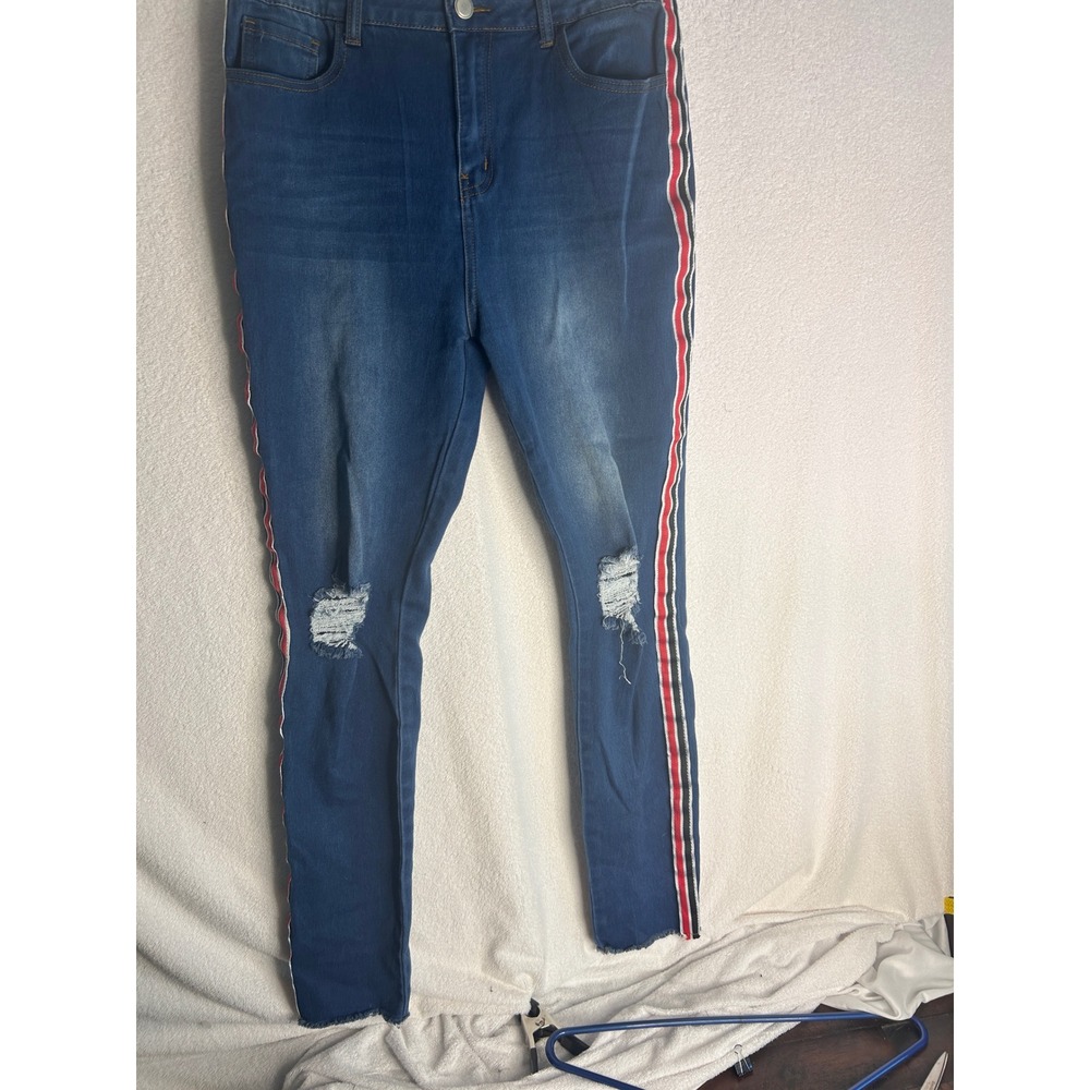K. Jordan Womens Blue Distressed Skinny Jeans Side Stripe Ripped Knee Size 12